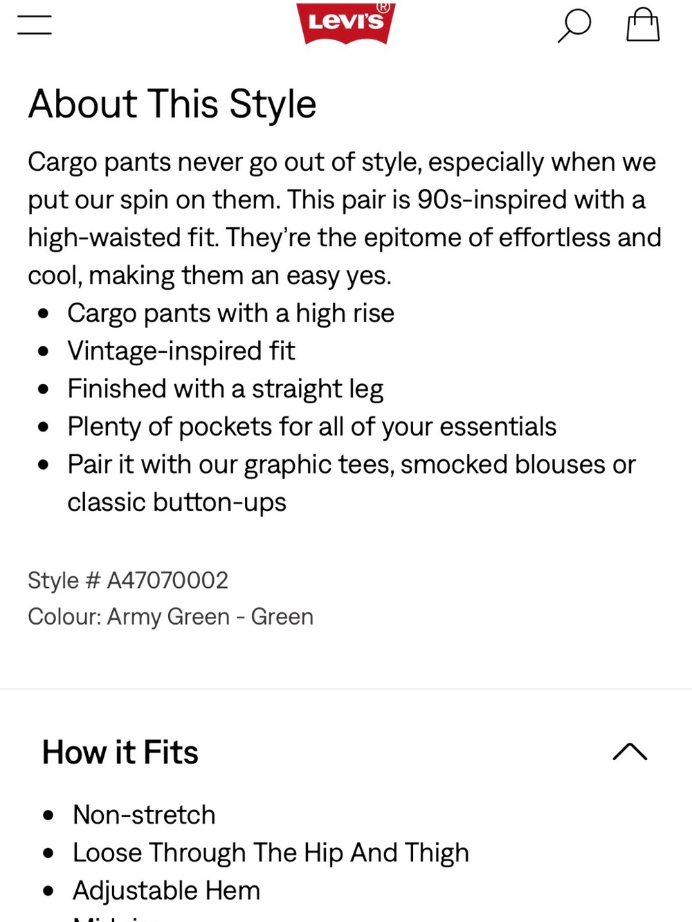 Levi’s '94 Baggy Cargo Pants Army Green High Rise Straight Leg Utility Size 32 - Picture 11 of 11